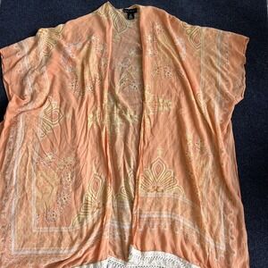 Say What Kimono Blouse Womens S/M Orange Floral Crochet Fringe Boho Open Front